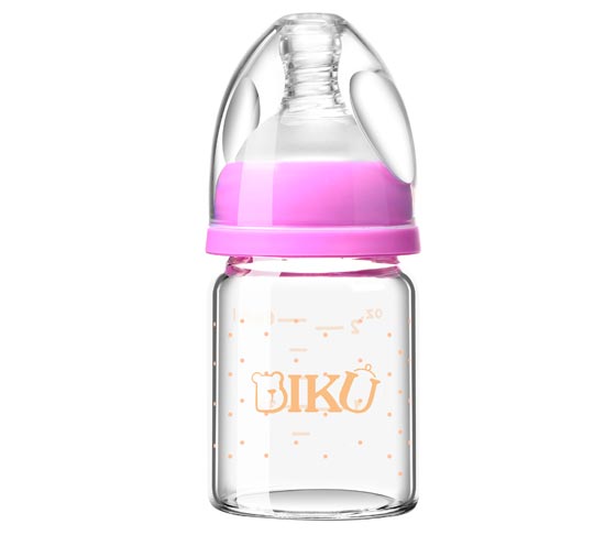 比酷熊嬰幼兒無(wú)手柄玻璃奶瓶玫紅色