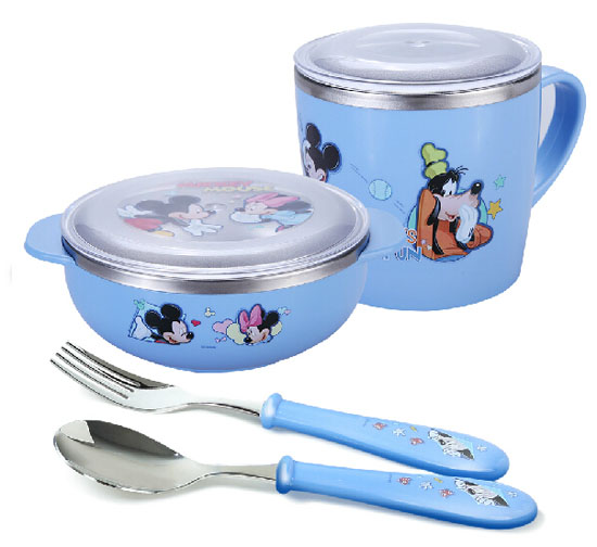 迪士尼兒童餐具不銹鋼碗勺叉水杯4件套藍色